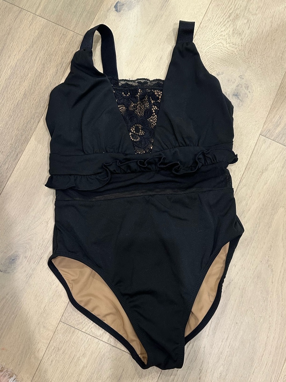 Girls' Black Lace-Accent Ruffle One-Piece Swimsuit